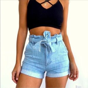 Express Denim Paperbag High Waist Shorts, Light Blue, Size 4